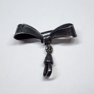 Antique Silver Bow Chatelaine Brooch Pin Watch Hook - Gunmetal Finish - Tested